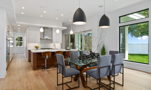 Kitchen with lights on