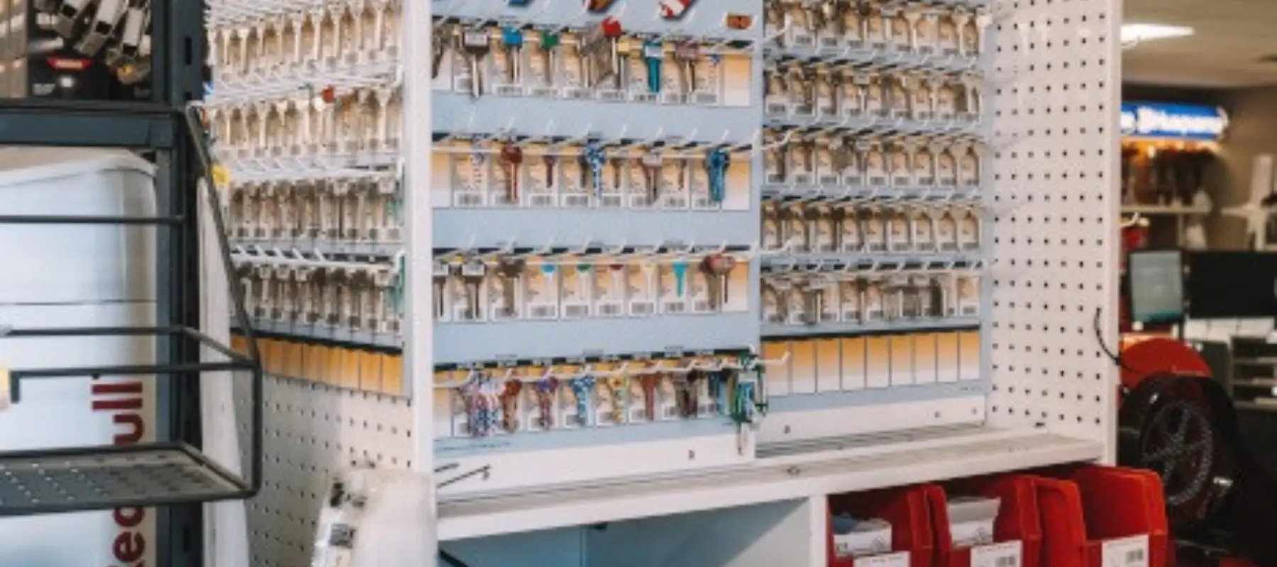 Wall of key blanks at the key cutting counter in the Sorrento Lumber & Concrete hardware store